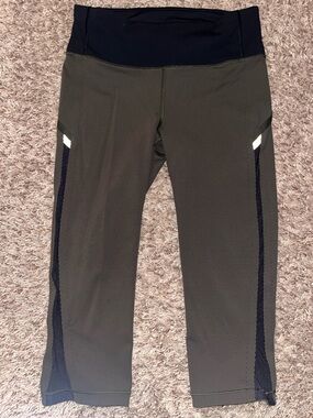 Lulu Olive Green Crop Leggings with Contrast Black Waistband